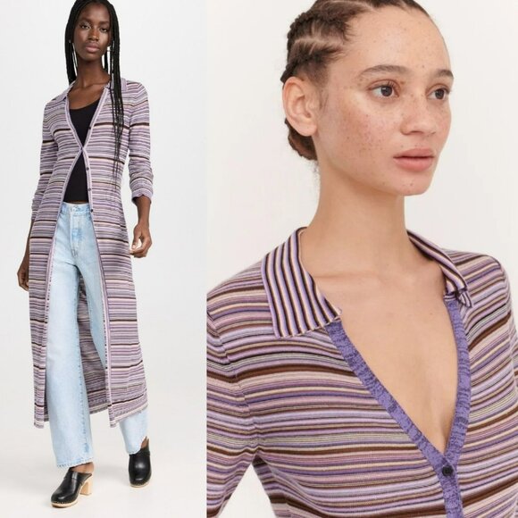 NEW Ninety-Percent Long Line Cardigan Purple Stripe Duster Cotton Sustainable - Picture 1 of 14